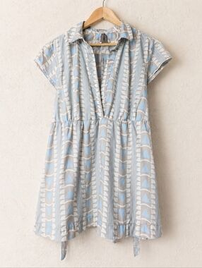Cotton Old Navy XXL Boho Geometric Print Tunic Dress Blue Beige Collared Mini